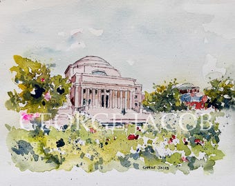 Lámina de bellas artes de la Biblioteca Low de Nueva York, acuarela del campus de George Jacob, regalo de graduación universitaria, arte mural de la ciudad de Nueva York, regalo para exalumnos