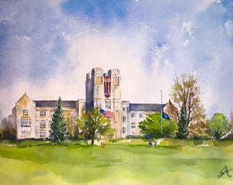 Virginia Tech Watercolor art prints/ VT note cards/Student gift / Virginia Tech Graduation decor/Convocation present/ Blacksburg city scape