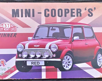 Approx A4 Etch-It-England Rover Mini Super Cooper Vintage Advert Garage Metal Wall Garage Sign Garden Shed Plaque Tin 200x285mm