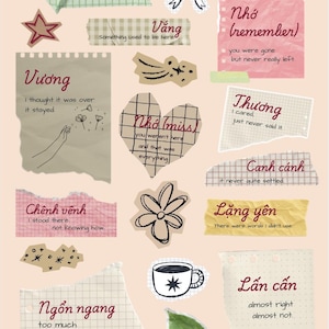Op de afbeelding: Een verzameling decoratieve papiersnippers en stickers met Vietnamese woorden en Engelse zinnen. Elementen zijn onder meer een hart, een strik, een bloem, een koffiemok, een blad en diverse gescheurde stukjes papier met tekst zoals Duyên, Vắng en Nhớ.