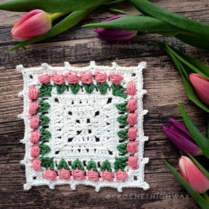 For the Love of Tulips Coaster CROCHET PATTERN, crochet coaster, crochet coaster pattern, crochet tulip granny square, crochet square image 5