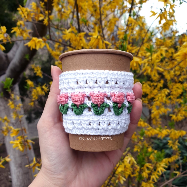 For the Love of Tulips Cozy CROCHET PATTERN, cup cosy crochet pattern, crochet cup warmer, crochet cup sleeve, crochet tulips pattern image 10