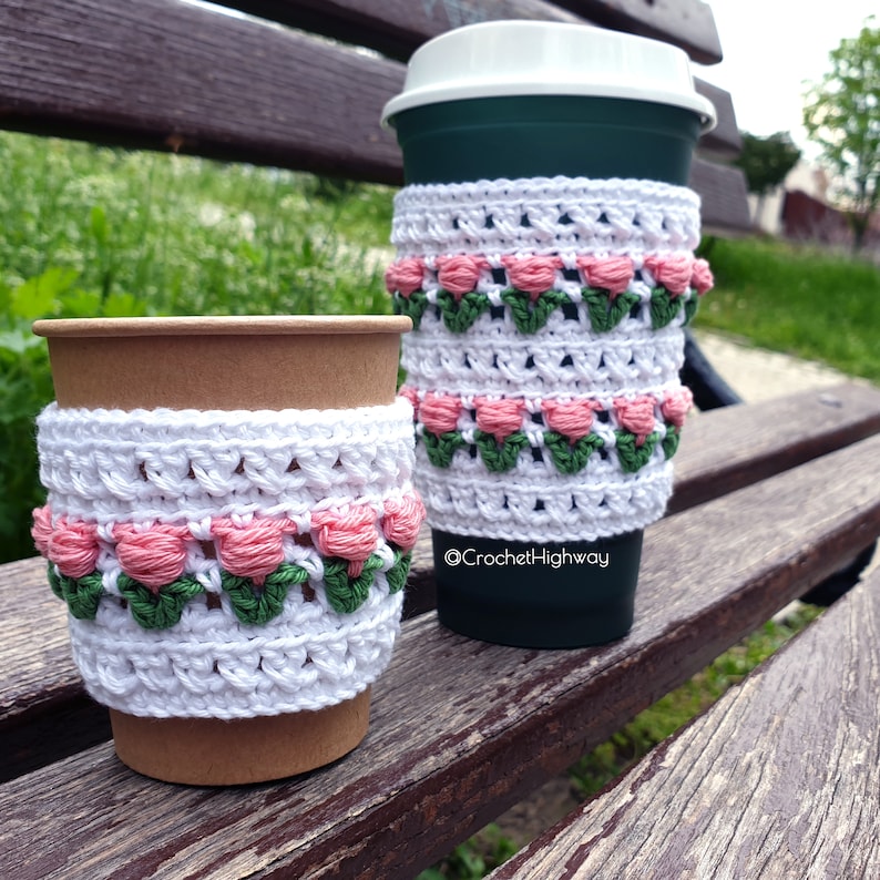 For the Love of Tulips Cozy CROCHET PATTERN, cup cosy crochet pattern, crochet cup warmer, crochet cup sleeve, crochet tulips pattern image 4
