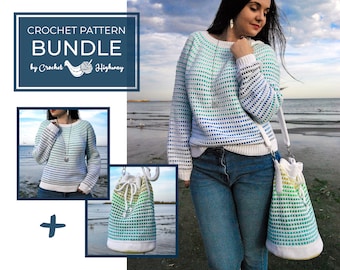 Libra Pullover + Libra Bag CROCHET PATTERN BUNDLE, easy crochet sweater pattern, crochet pullover, crochet bag, drawstring bag, bucket bag