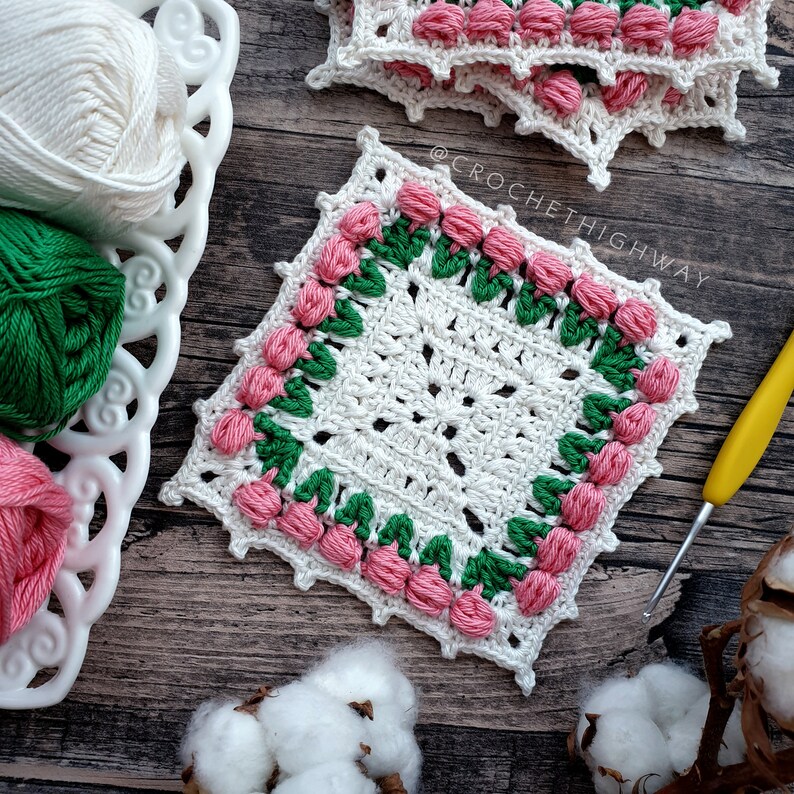 For the Love of Tulips Coaster CROCHET PATTERN, crochet coaster, crochet coaster pattern, crochet tulip granny square, crochet square image 7