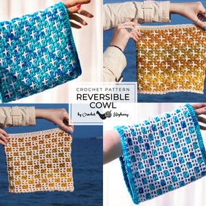 May include: Crochet pattern for a reversible cowl. The cowl is shown in four different colour combinations: blue and white, yellow and white, orange and white, and blue and white. The pattern is called "Reversible Cowl" by Crochet Highway.
