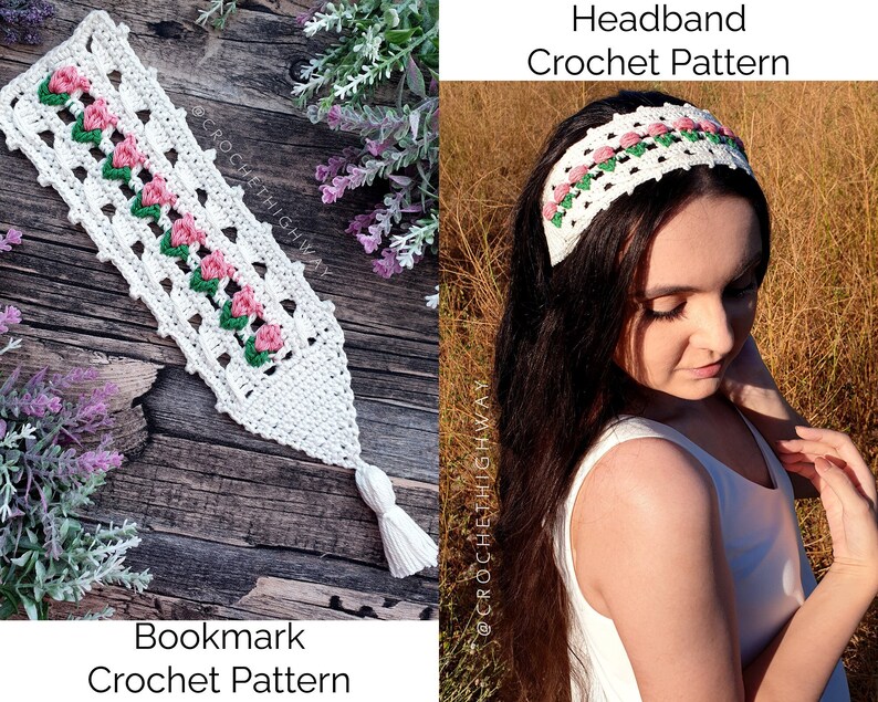 For the Love of Tulips Headband CROCHET PATTERN, bookmark crochet pattern, crochet headwrap pattern, crochet tulip headband, summer headband image 4