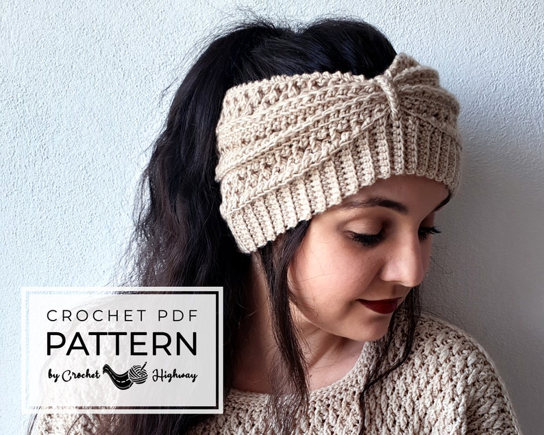 May include: Crochet PDF pattern for a beige headband with a knotted detail. The pattern is titled "CROCHET PDF PATTERN by Crochet Highway".