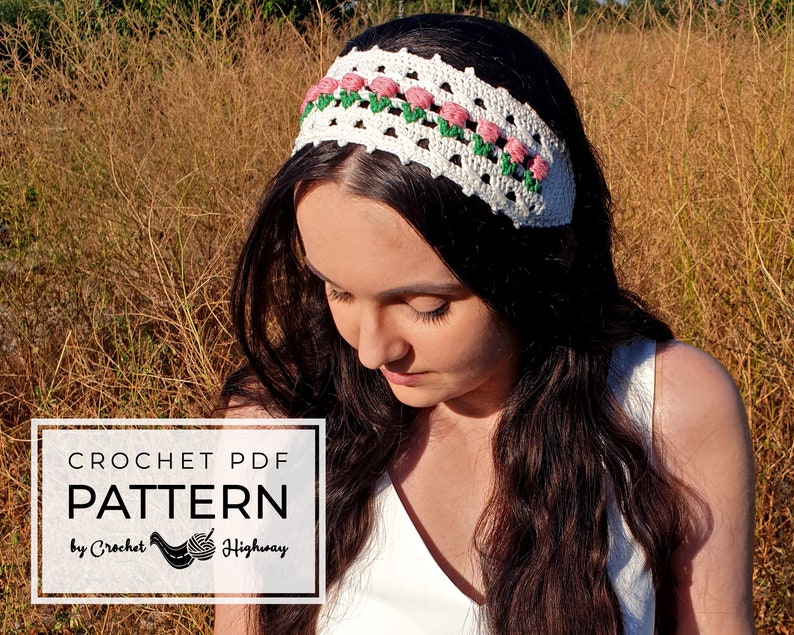 For the Love of Tulips Headband CROCHET PATTERN, bookmark crochet pattern, crochet headwrap pattern, crochet tulip headband, summer headband image 1