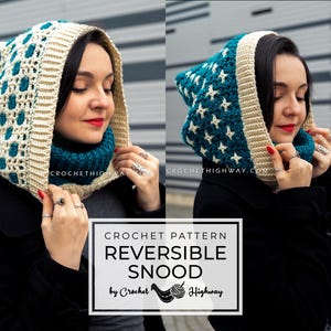 Könnte beinhalten: Ein Häkelmuster für einen umkehrbaren Kapuzen-Schal, genannt Snood, in den Farben Türkis und Weiß. Das Muster heißt "Reversible Snood" von "Crochet Highway".