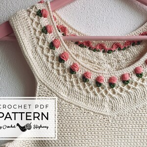 For the Love of Tulips Tank CROCHET PATTERN, crochet tank top, crochet top, crochet yoke, crochet moss stitch, crochet linen stitch