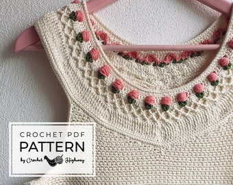 For the Love of Tulips Tank CROCHET PATTERN, crochet tank top, crochet top, crochet yoke, crochet moss stitch, crochet linen stitch