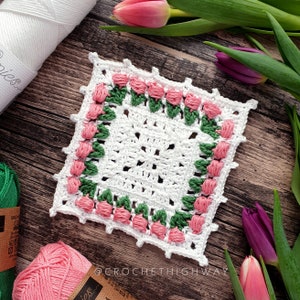 For the Love of Tulips Coaster CROCHET PATTERN, crochet coaster, crochet coaster pattern, crochet tulip granny square, crochet square image 9