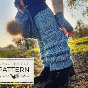 May include: Crochet PDF pattern for a blue leg warmer and hat set with a fluffy pom pom. The pattern is by Crochet Highway.