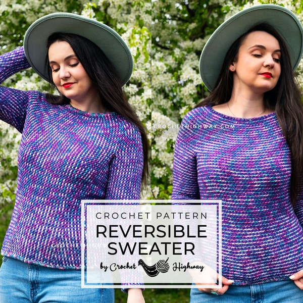 Pisces Pullover CROCHET PATTERN, reversible sweater, reversible crochet, reversible pattern, top down yoke, interwoven crochet pattern