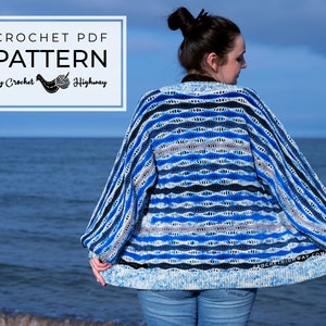 May include: A blue and white striped crochet cardigan with a loose fit. The cardigan is made with a textured stitch and has a relaxed, casual style.