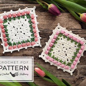 For the Love of Tulips Coaster CROCHET PATTERN, crochet coaster, crochet coaster pattern, crochet tulip granny square, crochet square image 1