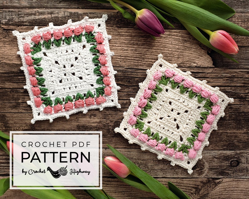 For the Love of Tulips Coaster CROCHET PATTERN, crochet coaster, crochet coaster pattern, crochet tulip granny square, crochet square image 1