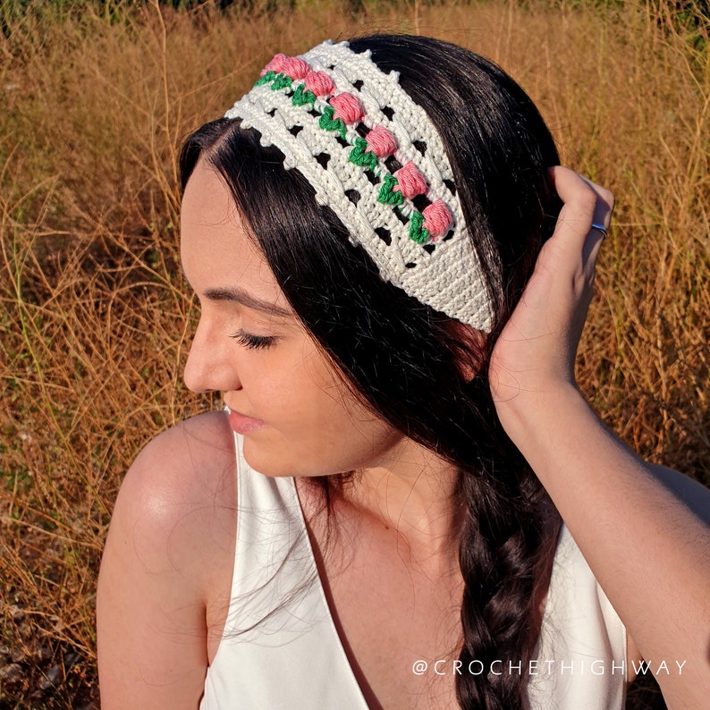 For the Love of Tulips Headband CROCHET PATTERN, bookmark crochet pattern, crochet headwrap pattern, crochet tulip headband, summer headband image 10