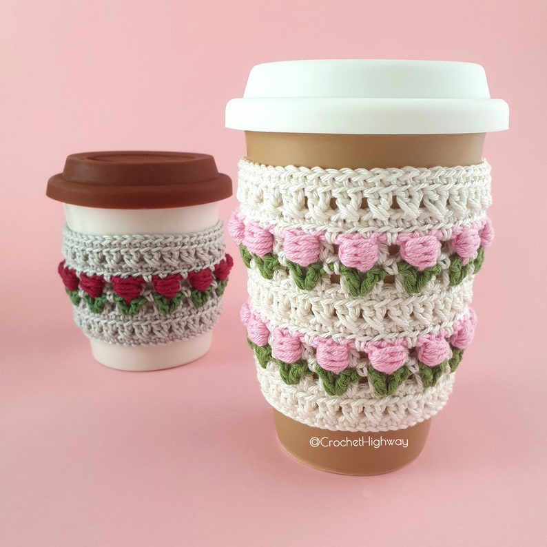 For the Love of Tulips Cozy CROCHET PATTERN, cup cosy crochet pattern, crochet cup warmer, crochet cup sleeve, crochet tulips pattern image 9