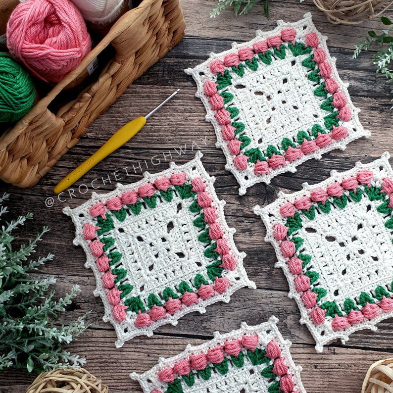 For the Love of Tulips Coaster CROCHET PATTERN, crochet coaster, crochet coaster pattern, crochet tulip granny square, crochet square image 8