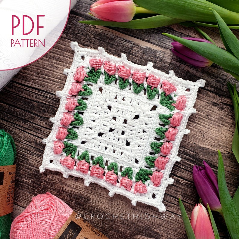 For the Love of Tulips Coaster CROCHET PATTERN, crochet coaster, crochet coaster pattern, crochet tulip granny square, crochet square image 2