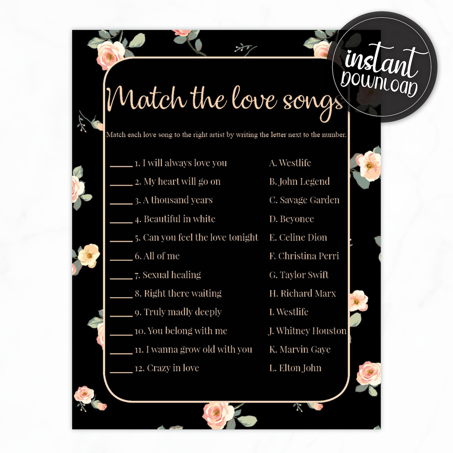Match the love songs bridal shower game printable instant Etsy
