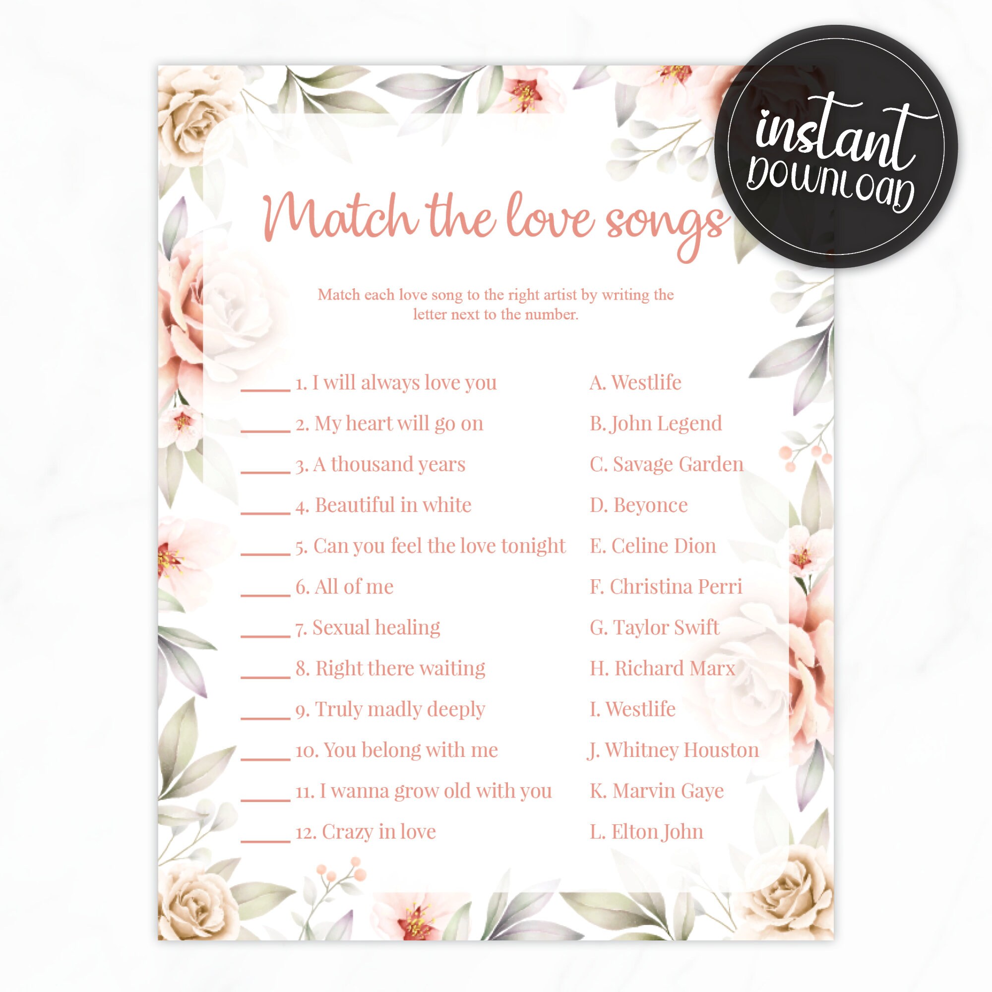Match the love songs bridal shower game printable instant Etsy