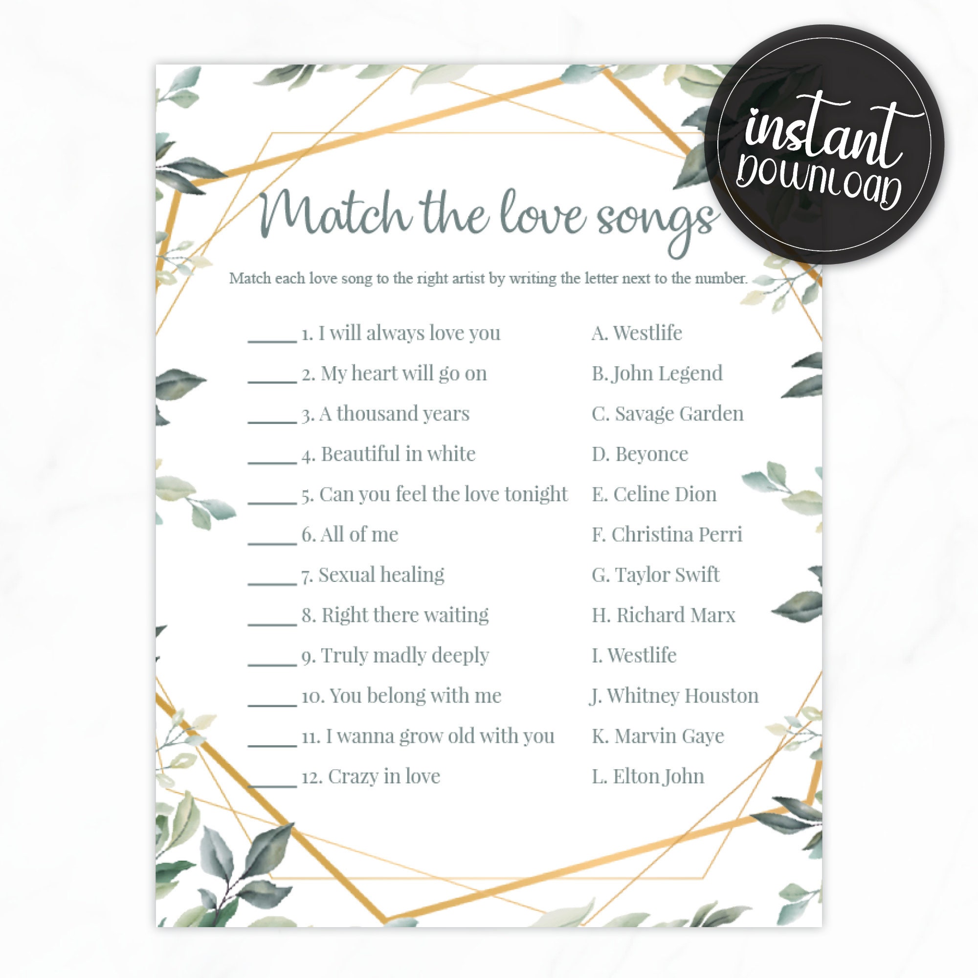 Match the love songs bridal shower game printable instant Etsy