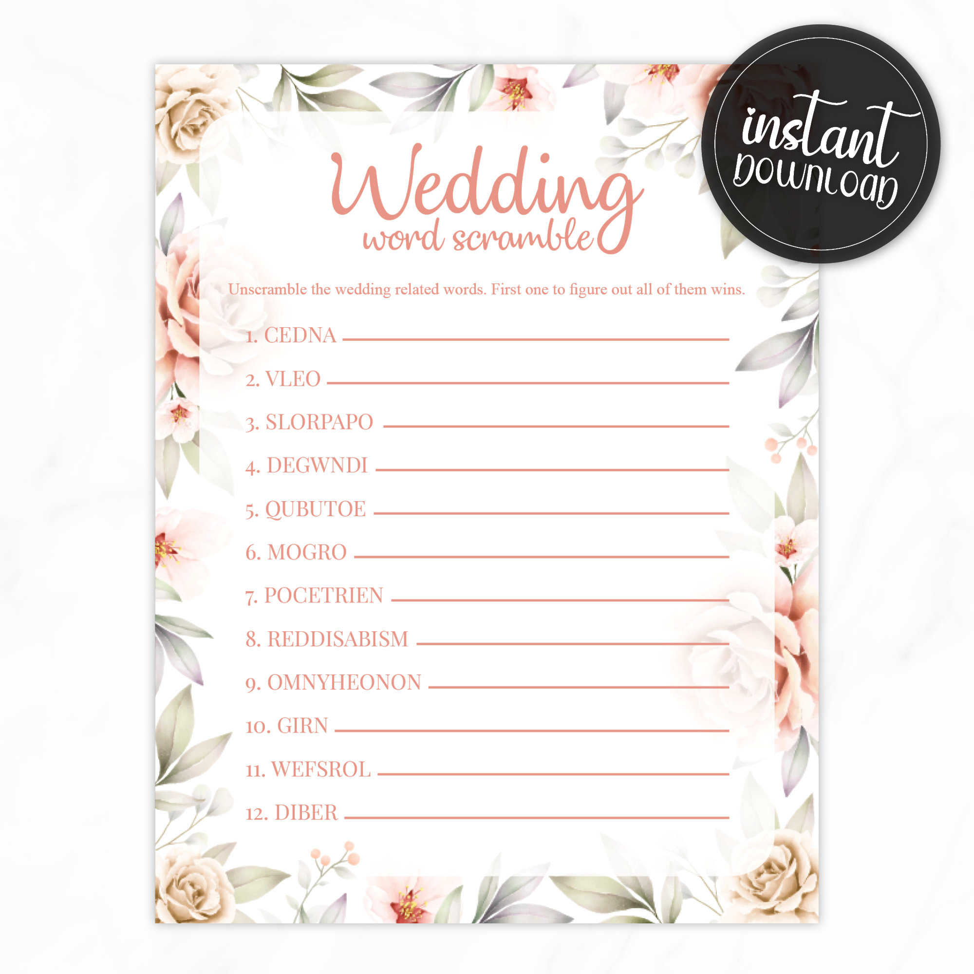 wedding word scramble bridal shower game printable instant etsy