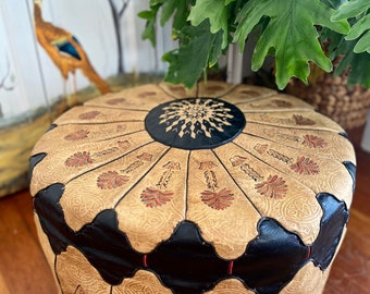 Vintage Hand Tooled Leather Pouf: Mid-Century Moroccan Ottoman, 22”