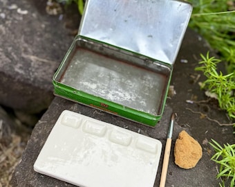 Handmade Ceramic Watercolor Palette with Vintage Tin