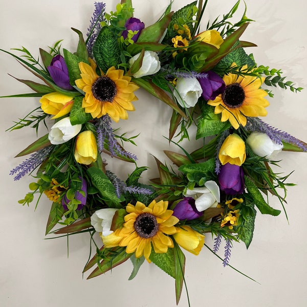 Sunflower and Tulips wreath decoration for your door or wall at home