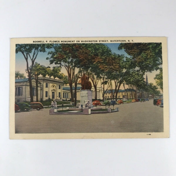 Roswell P Flower Monument on Washington Street Watertown NY Wm. Jubb Co Postcard Linen