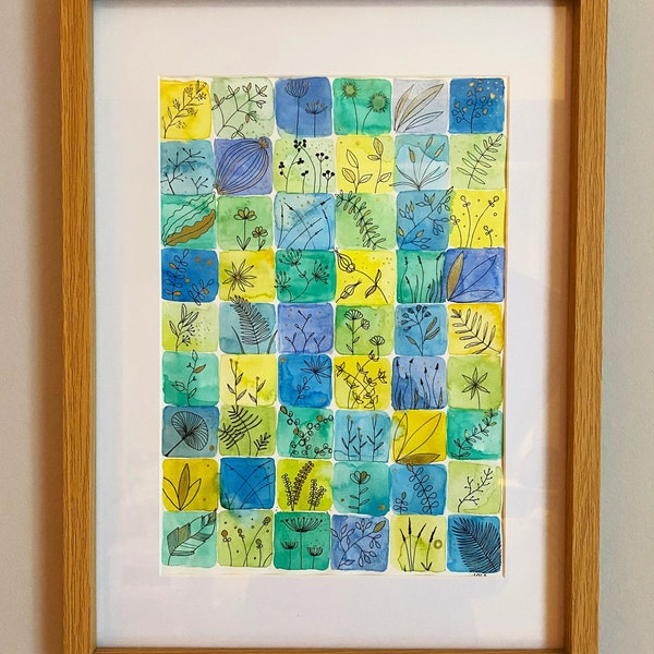 Aquarelle originale de plantes et fleurs sur fond coloré (version bleu jaune vert) - Encadrée