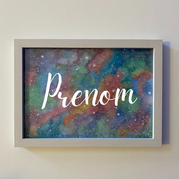 Affiche aquarelle prenom - personnalisation sur mesure sur fond motif  univers et étoiles / cadeau naissance / chambre bébé enfant - encadré