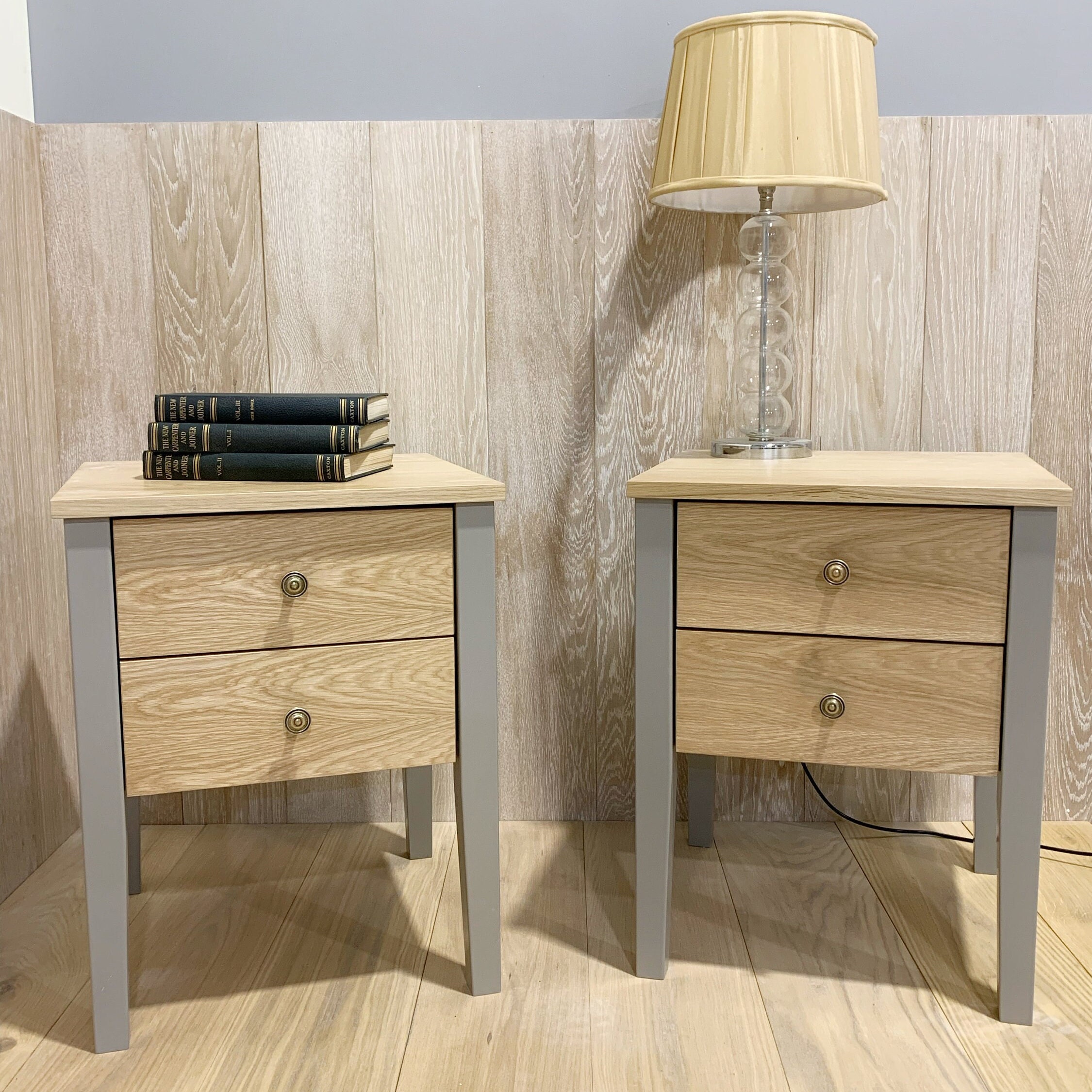 Oak two drawer bedside table with painted legs