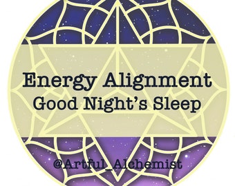 May include: A circular graphic with a purple and blue starry sky background. The graphic features a geometric design with a yellow triangle in the center. The text "Energy Alignment Good Night's Sleep" is written in black text inside the triangle. The text "@Artful_Alchemist" is written in black text at the bottom of the graphic.