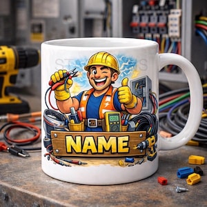 May include: White ceramic mug with a cartoon electrician design. The image shows an electrician with tools, a yellow hard hat, and the word "NAME" on a wooden sign. Electrical wires and tools are also visible around the mug.