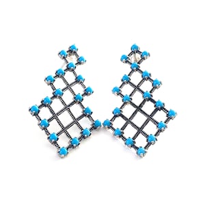 Earrings in silver 925 Lace between the modern and old Turquoise fine stones Buckles in Shape Turquoise stone grid