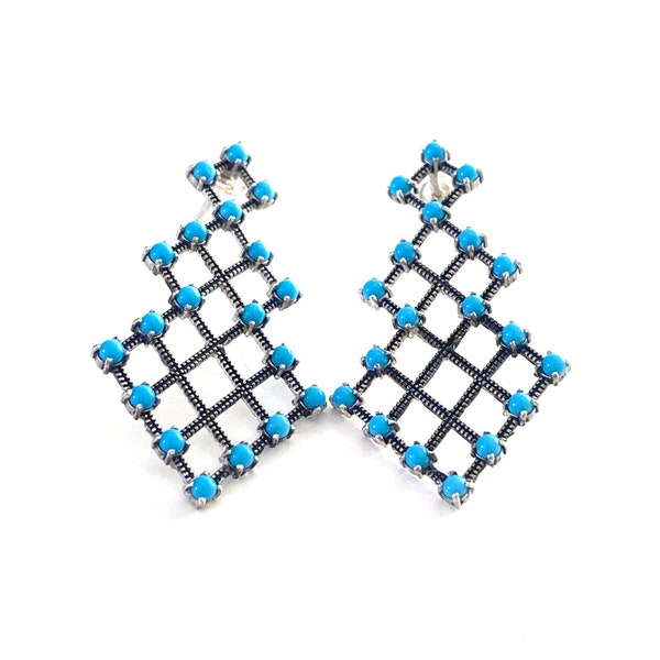 Boucles d’oreilles en argent 925 Dentelle entre le moderne et ancien Pierres fines en turquoise Boucles en Forme Grille pierre turquoise