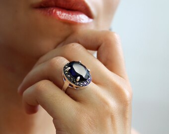 Maginfique Women's Ring Silver 925 with Beautiful Oval Stone in Natural Royal Blue Quartz Luxury Jewelry Gift for Women