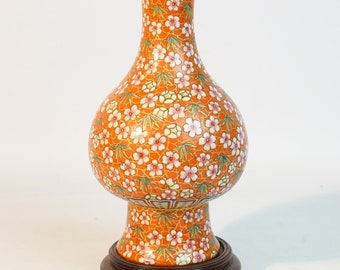 Chinese Coral-Ground Famille Rose "Plum Bossom" Porcelain Vase