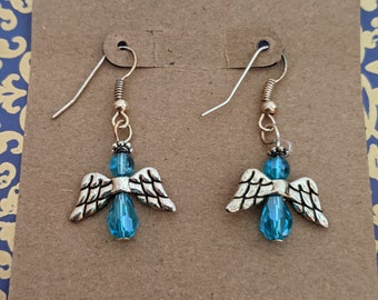 Beaded Crystal Angel Earrings - Blue
