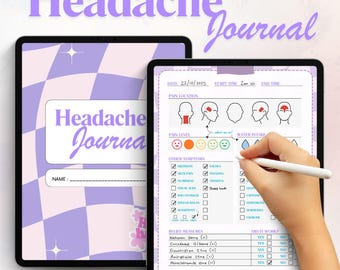 May include: Two digital tablets displaying a "Headache Journal" design. One tablet shows a cover with a purple and white checkered pattern and the text "Headache Journal". The other tablet displays a journal page with pain location diagrams and symptom checklists.
