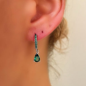 Emerald Pear Drop Huggie Earrings, Emerald Paved Hoop Earrings, Sterling Silver Mini Hoops with May Emerald Birth Stone Charm
