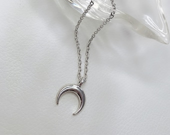 Silver Crescent Moon Necklace: Stainless Steel Horn Pendant