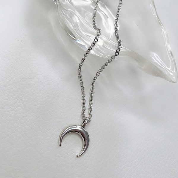 Silver Tusk Necklace, Silver Upside down Moon Necklace, Stainless Steel Layering Necklace, Crescent Moon Necklace, Silver Horn Necklace