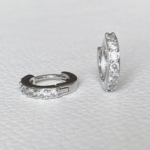 Sterling Silver Mini Huggie Hoop Earrings: Cubic Zirconia Rhinestone