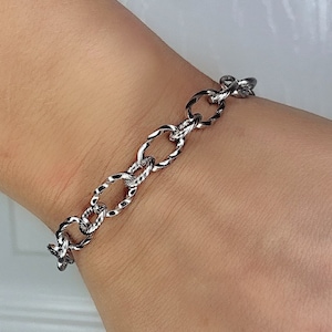 Textured Stainless Steel Curb Bracelet - Chunky Silver Chain